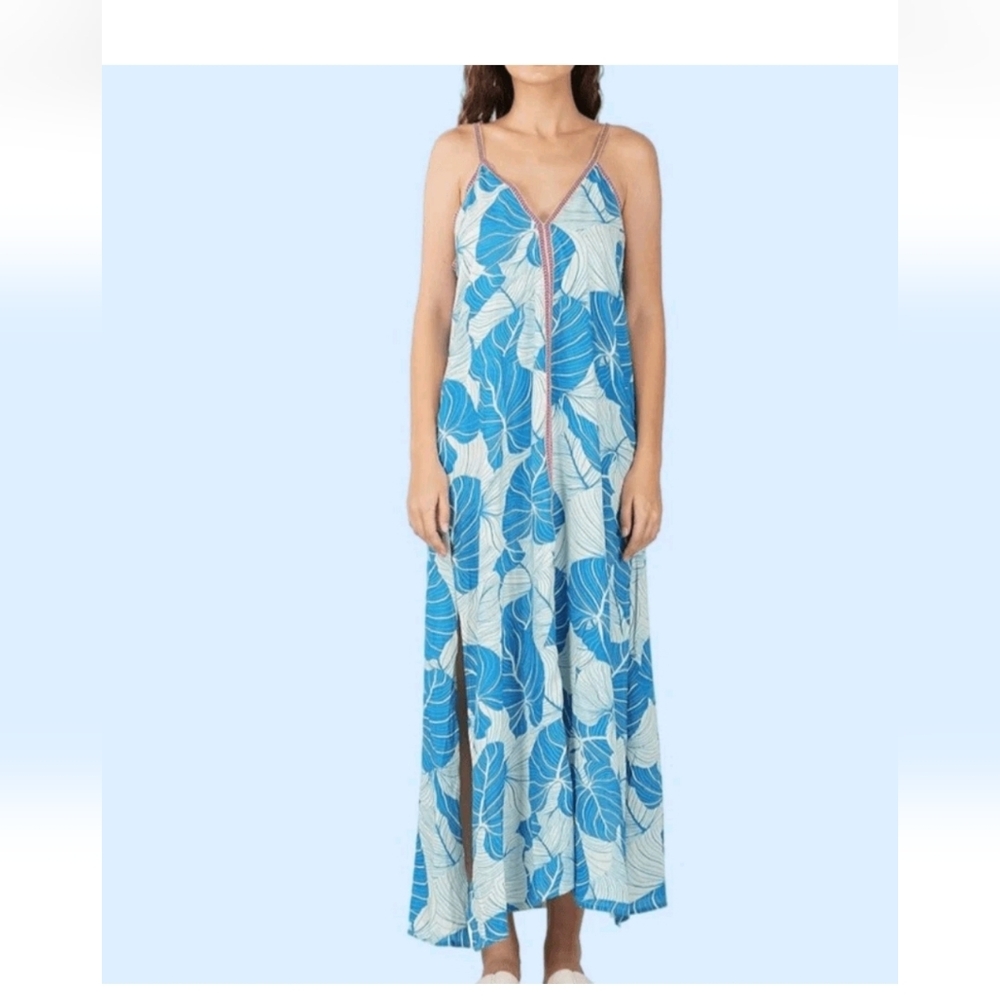 America & Beyond Blue Palm Print Embroidered Lace Detail Maxi Dress